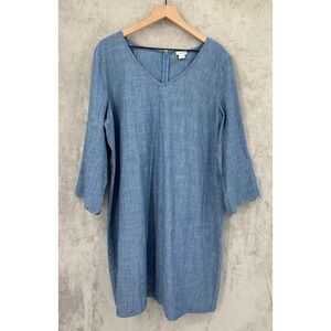 J Crew Dress Womens 20 Blue Chambray Scalloped Cuff V-Neck 100% Cotton